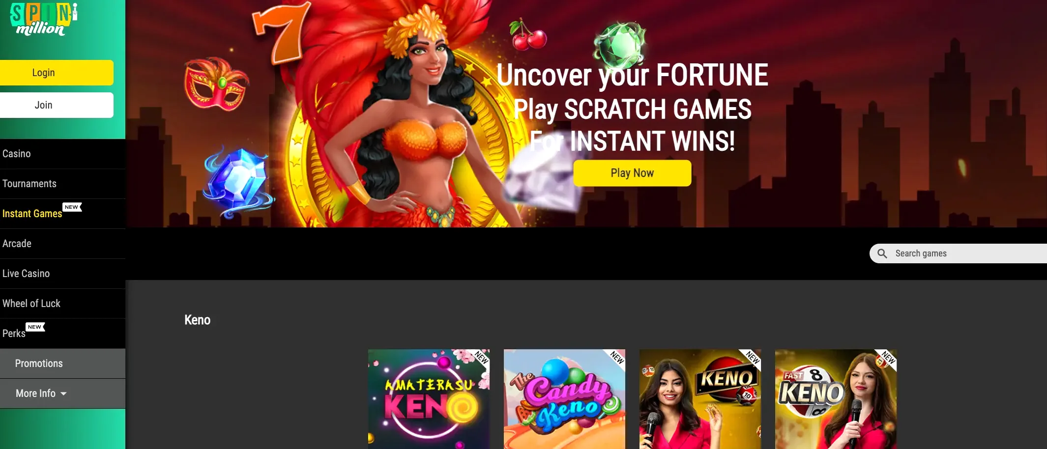 SpinMillion instant games en kraskaarten